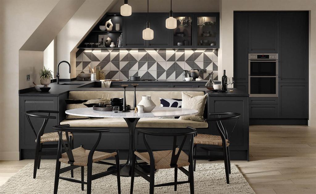 Haywood Graphite kitchen with builtin Bench Seating around Kitchen Table